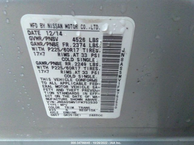 JN8AS5MV1FW752530 Nissan Rogue Select S