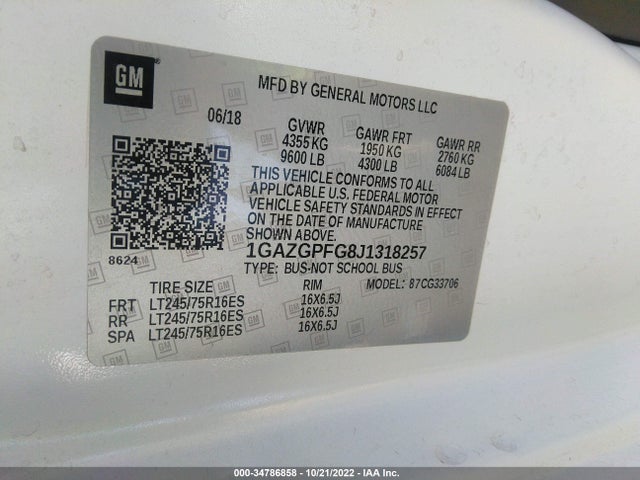 Chevrolet Express Passenger Lt 2018 1GAZGPFG8J1318257 Image 10