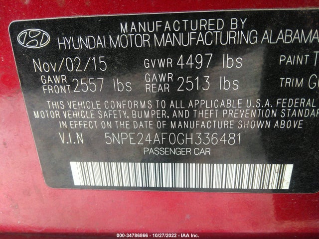 2016 HYUNDAI SONATA 2.4L SE VIN: 5NPE24AF0GH336481