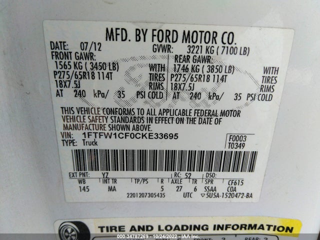 2012 FORD F-150 XL/XLT/FX2/LARIAT VIN: 1FTFW1CF0CKE33695