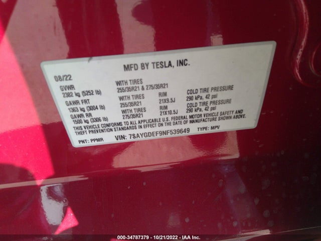 Tesla Model Y Performance 2022 7SAYGDEF9NF539649 Image 10