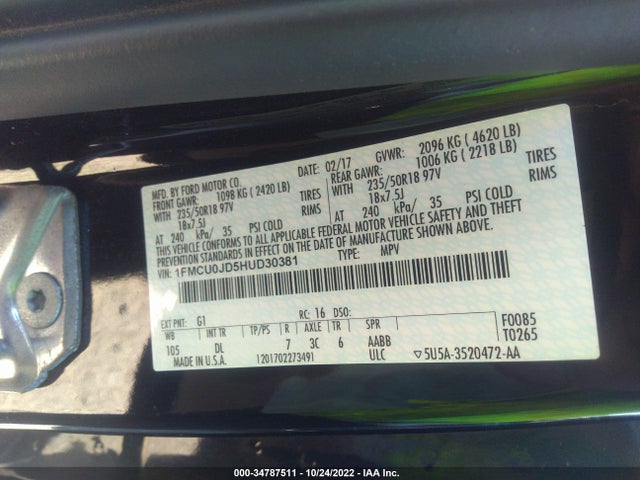 2017 FORD ESCAPE TITANIUM VIN: 1FMCU0JD5HUD30381