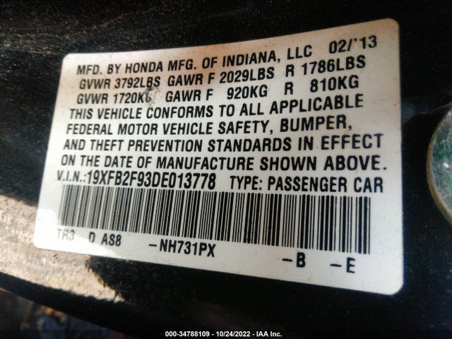 2013 HONDA CIVIC SDN EX-L VIN: 19XFB2F93DE013778