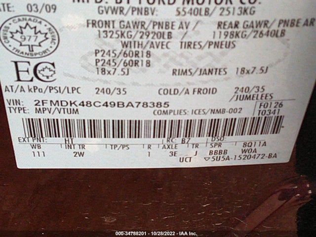 2009 FORD EDGE SEL VIN: 2FMDK48C49BA78385