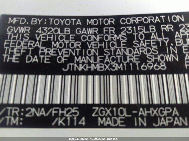2021 TOYOTA C-HR LE/XLE/LIMITED/NIGHTSHADE VIN: JTNKHMBX3M1116968