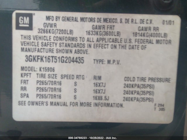 GMC YUKON XL 2001 3GKFK16T51G204435 Image 10
