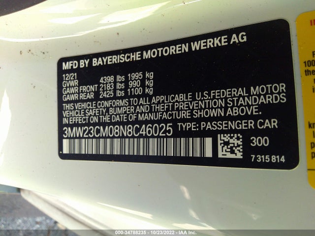 2022 BMW 2 Series, VIN: 3MW23CM08N8C46025