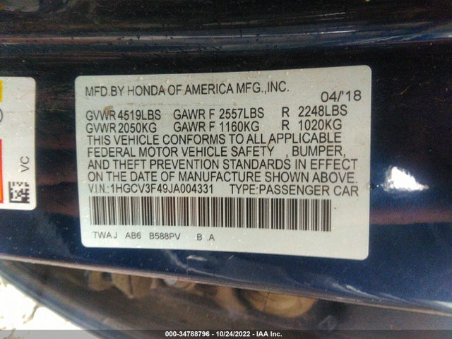 2018 Honda Accord, VIN: 1HGCV3F49JA004331