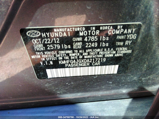 2013 HYUNDAI AZERA VIN: KMHFG4JGXDA217219