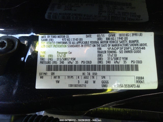 2015 FORD FOCUS SE VIN: 1FADP3F29FL235548