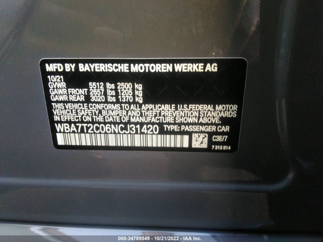 2022 BMW 7 Series, VIN: WBA7T2C06NCJ31420