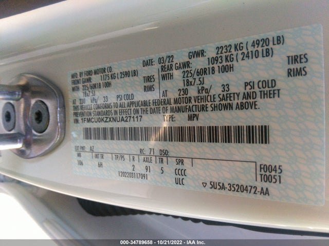 2022 Ford Escape, VIN: 1FMCU0KZXNUA27117