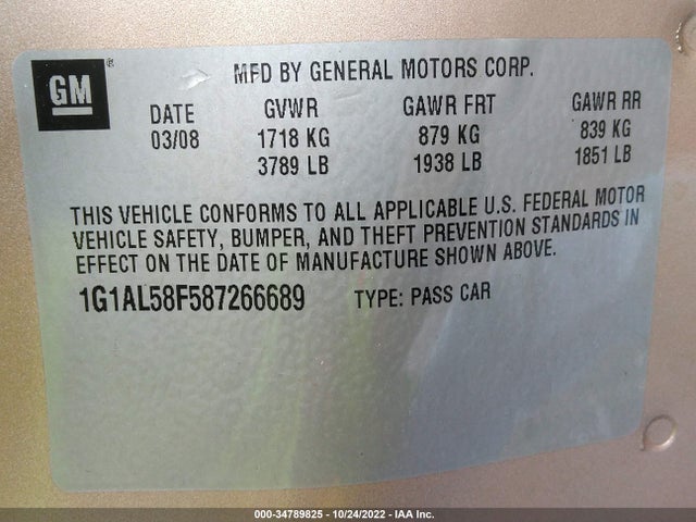 2008 CHEVROLET COBALT LT VIN: 1G1AL58F587266689