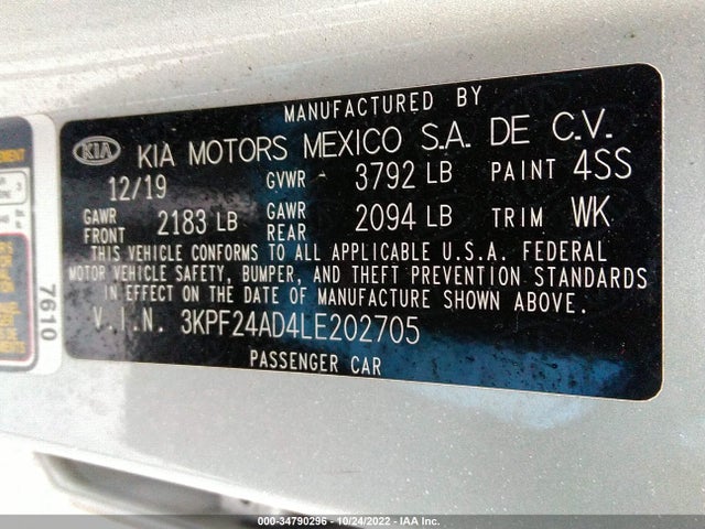 2020 KIA FORTE LXS VIN: 3KPF24AD4LE202705