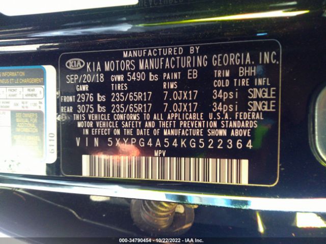 5XYPG4A54KG522364 KIA Sorento Lx V6