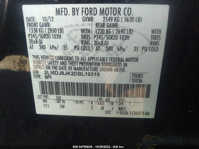 Lincoln MKX 2013 2LMDJ8JK2DBL19319 Image 11
