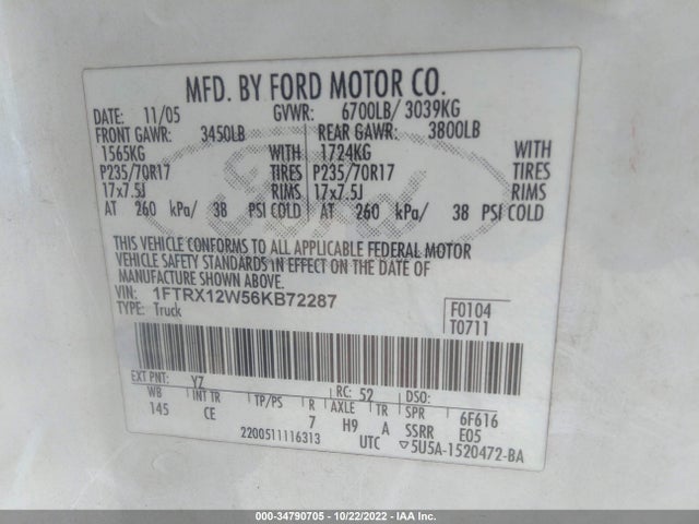2006 FORD F-150 STX/XLT/XL VIN: 1FTRX12W56KB72287