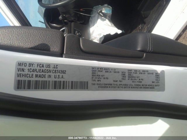 2021 JEEP GRAND CHEROKEE LAREDO E/FREEDOM/LAREDO X VIN: 1C4RJEAG5MC874362