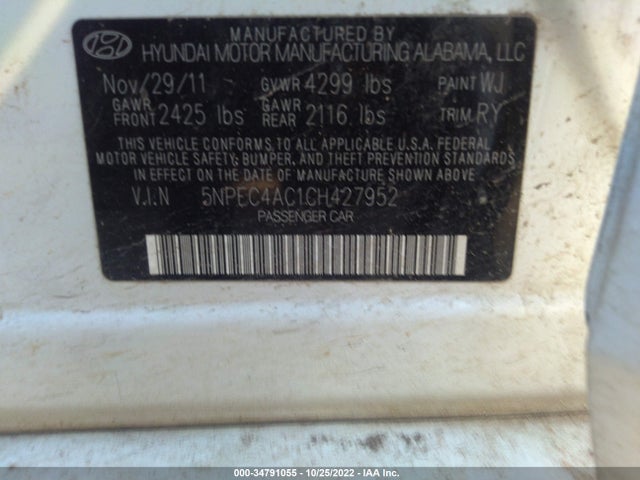 2012 HYUNDAI SONATA 2.4L SE VIN: 5NPEC4AC1CH427952