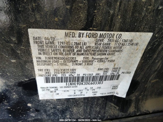 Lincoln MKS 2013 1LNHL9DK3DG603303 Image 10