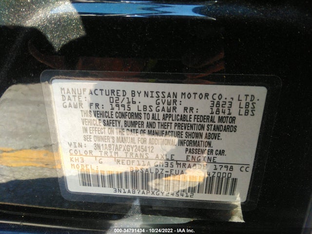 2016 Nissan Sentra, VIN: 3N1AB7APXGY245412