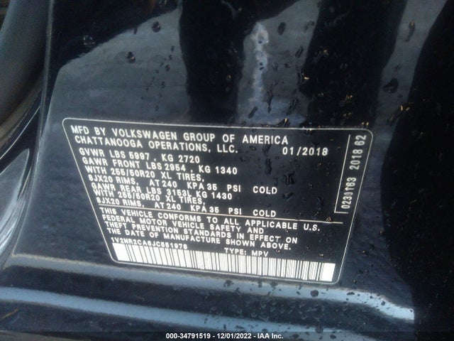 1V2NR2CA6JC551978 Volkswagen Atlas 3.6l V6 Sel Premium