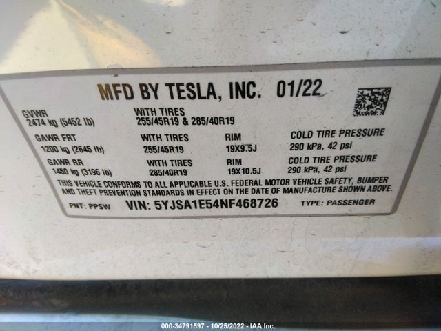 Tesla MODEL S 2022 5YJSA1E54NF468726 Image 9