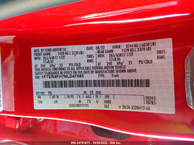 2022 Ford Ranger, VIN: 1FTER4FH7NLD47685