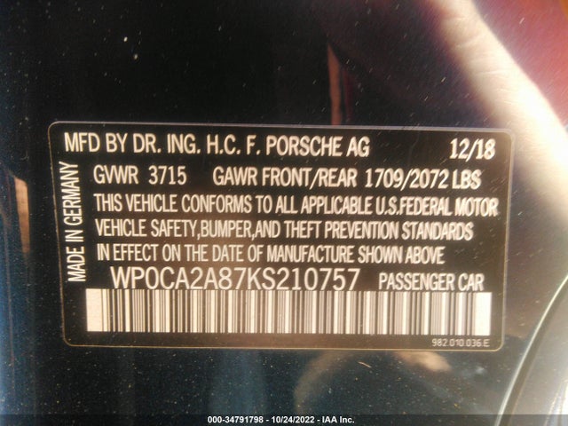 2019 Porsche 718, VIN: WP0CA2A87KS210757