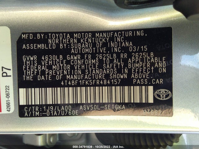 2015 Toyota Camry, VIN: 4T4BF1FK5FR484157