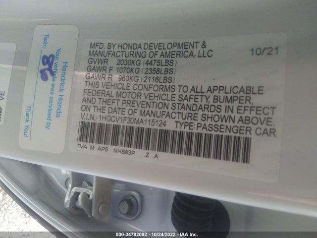 2021 HONDA ACCORD SEDAN SPORT VIN: 1HGCV1F30MA115124