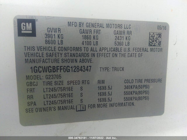 2016 Chevrolet Express, VIN: 1GCWGBFF6G1284347