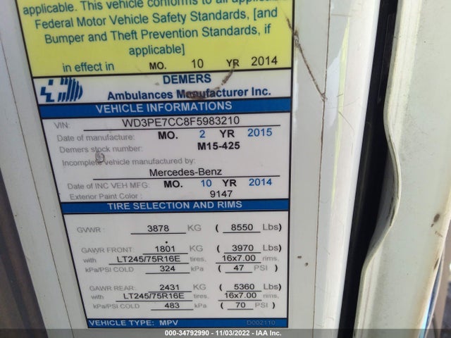 2015 Mercedes-Benz Sprinter, VIN: WD3PE7CC8F5983210