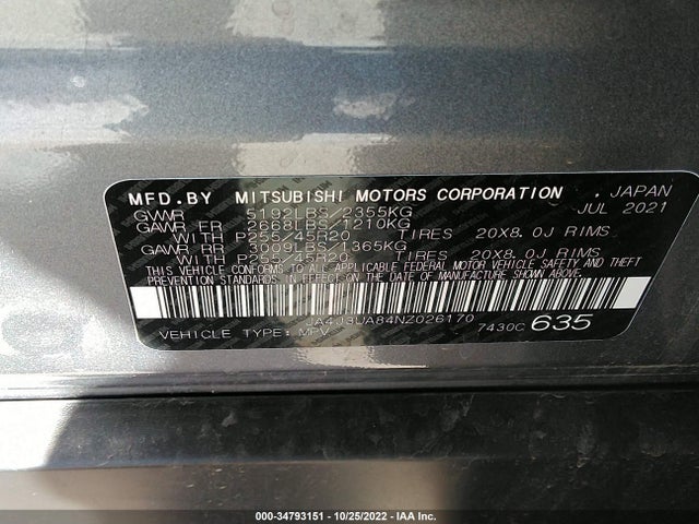 2022 Mitsubishi Outlander, VIN: JA4J3UA84NZ026170