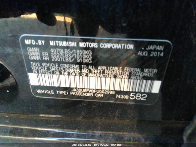 2015 Mitsubishi Lancer, VIN: JA32U8FW0FU002998