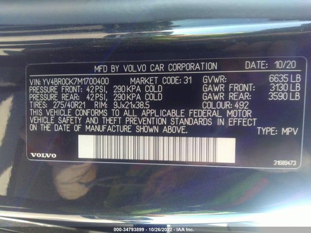 2021 Volvo XC90, VIN: YV4BR0CK7M1700400