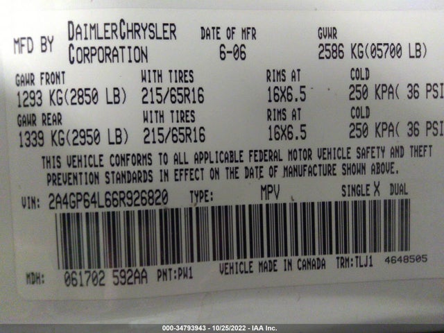 2006 CHRYSLER TOWN & COUNTRY LWB LIMITED VIN: 2A4GP64L66R926820