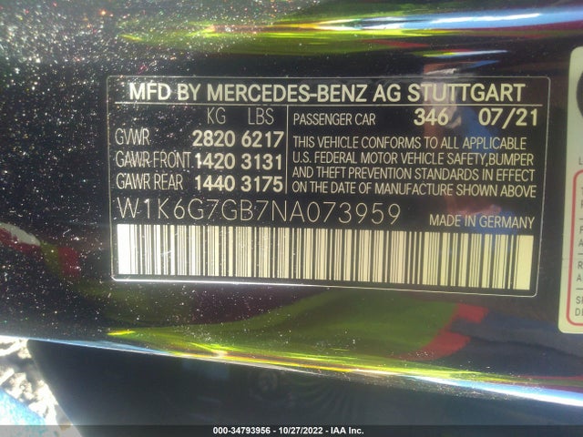 2022 Mercedes-Benz S-Class, VIN: W1K6G7GB7NA073959