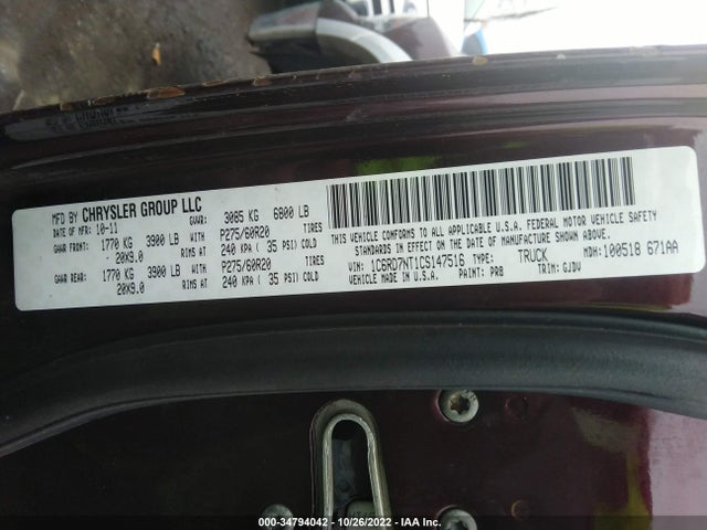 2012 RAM 1500 LARAMIE VIN: 1C6RD7NT1CS147516