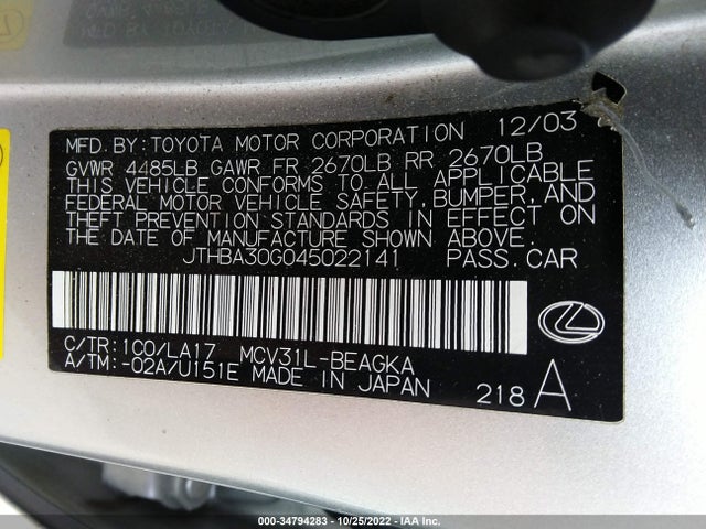 Lexus ES 330 2004 JTHBA30G045022141 Image 10