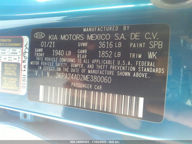 2021 KIA RIO S VIN: 3KPA24AD2ME380060