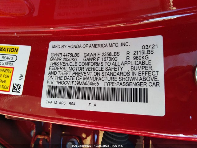 2021 HONDA ACCORD SEDAN SPORT VIN: 1HGCV1F39MA054565