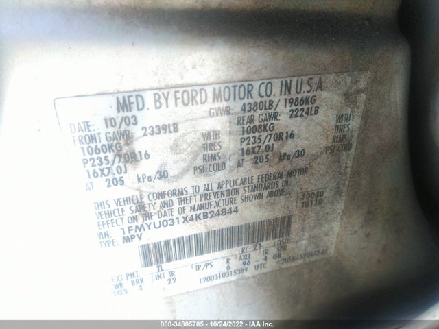 2004 FORD ESCAPE XLT VIN: 1FMYU031X4KB24844