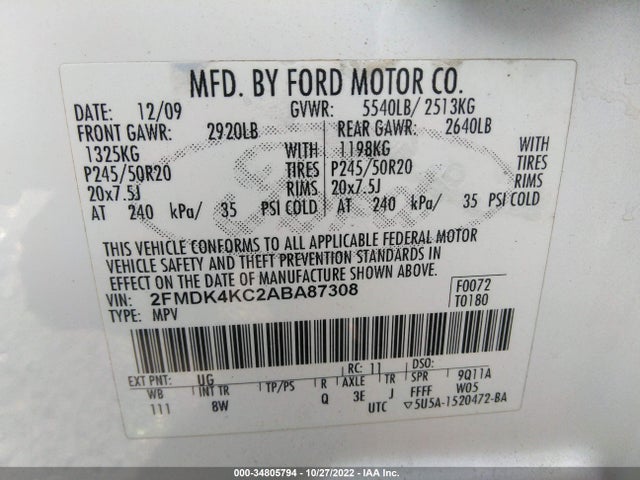2010 FORD EDGE LIMITED VIN: 2FMDK4KC2ABA87308
