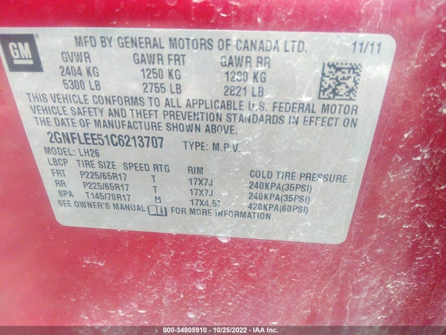 2012 CHEVROLET EQUINOX LT W/1LT VIN: 2GNFLEE51C6213707
