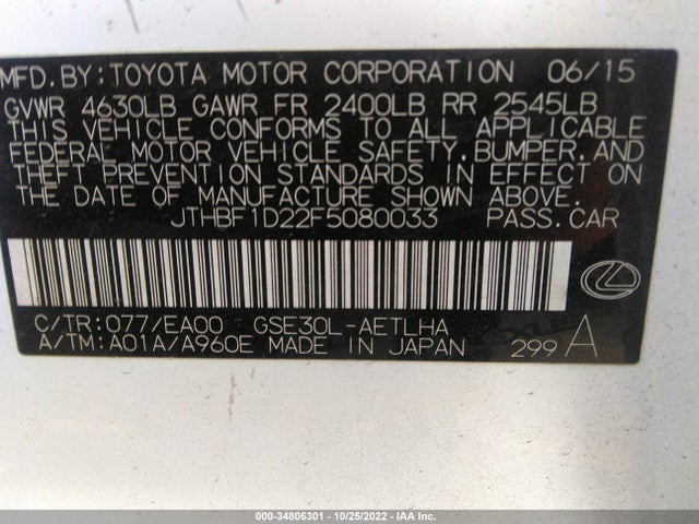 2015 Lexus IS, VIN: JTHBF1D22F5080033