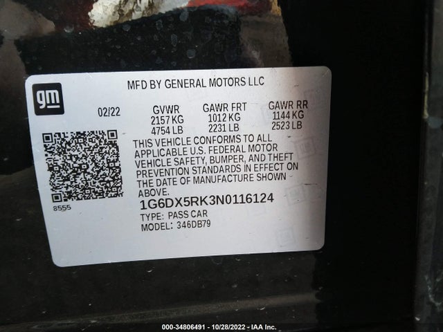 2022 Cadillac CT5, VIN: 1G6DX5RK3N0116124