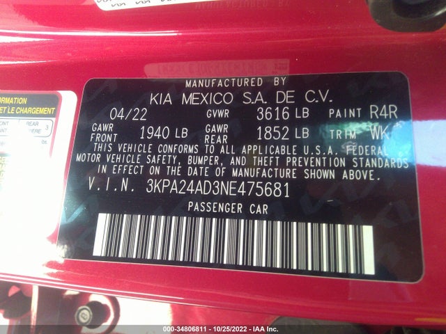 2022 KIA RIO S VIN: 3KPA24AD3NE475681