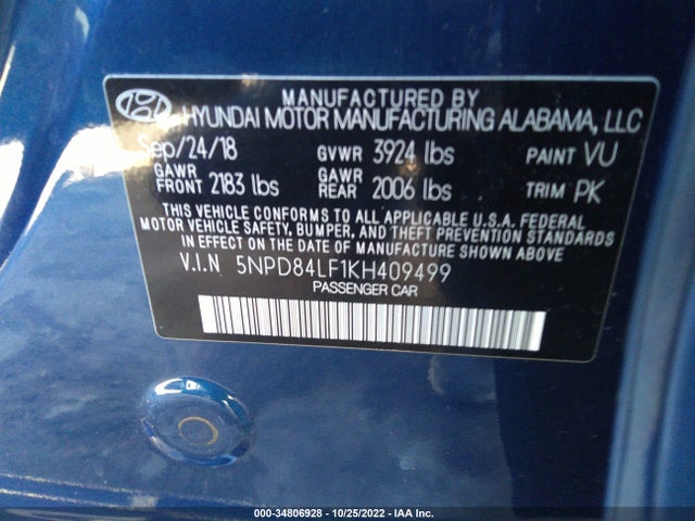 2019 HYUNDAI ELANTRA SEL VIN: 5NPD84LF1KH409499
