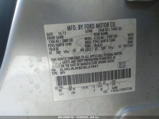 Lincoln MKX 2013 2LMDJ6JK8DBL21841 Image 10